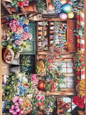 Floral Shop Puzzle - Vibrant Pink, Blue & Green Garden Scene